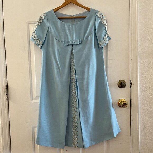 Vintage Emma Domb 60's Blue Jackie O Lace Detail Sleeves Midi Bow Dress Sz 11 - Picture 1 of 13